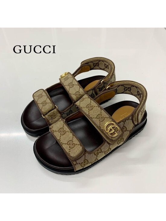 Gucci Shoes - Gucci GG Marmont Canvas Double Strap Sandals Beige